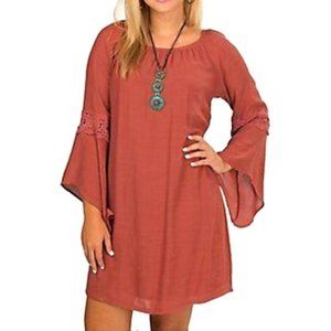 Wrangler Rust Crochet Lace Long Bell Sleeve Dress
